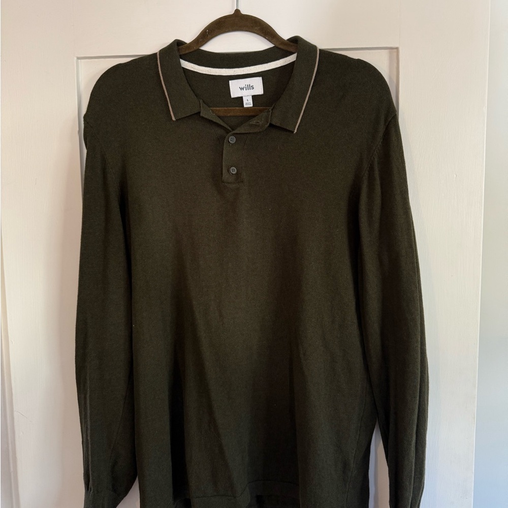 Wills: Cashmere Cotton Long Sleeve Polo - L - Spruce